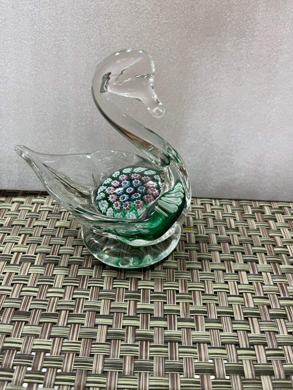Handblown Clear Glass Swan Figurine with Green Accent